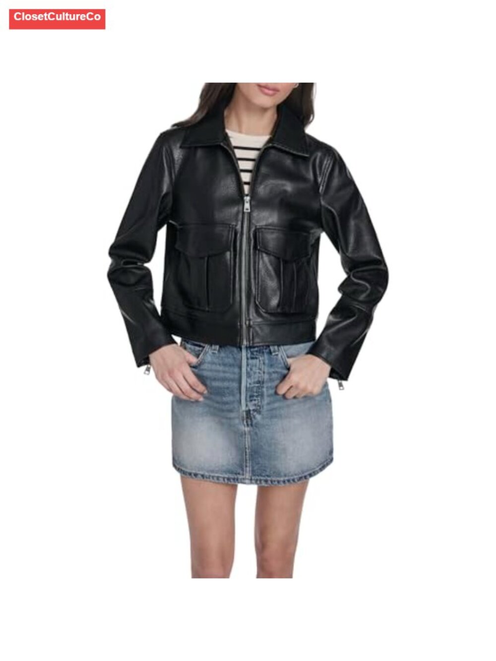 Faux Leather Cropped Moto Jacket Puff Sleeve Laydown Collar